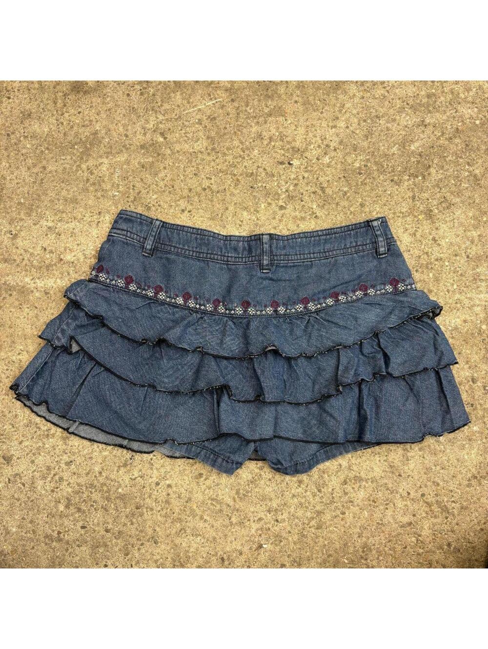 Vintage Y2K Denim Micro Mini Skirt Low Rise Ruffle Tiered - Picture 2 of 5